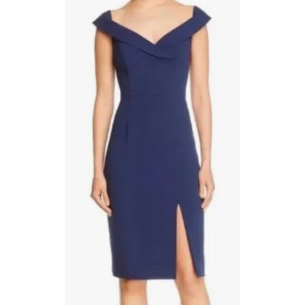 Black Halo Navy Off-the-Shoulder V-Neck Midi Dress with Front Slit